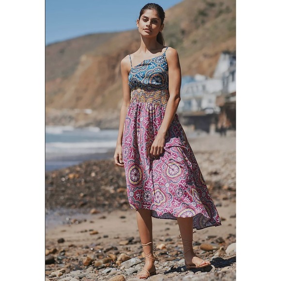 Anthropologie Dresses & Skirts - Anthropologie Cutout Smocked Midi Dress Size S Mixed Paisley Medallion Blue Pink